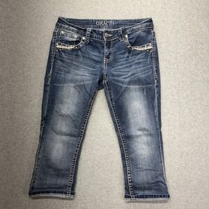 Grace la Womens Jeans Size 27 Blue Distressed Embellished Capri Pants